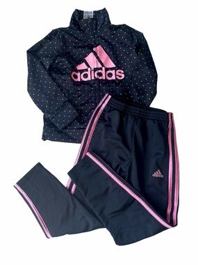 Adidas Girl’s Track Suit Outfit Black Pink Polka Dot Jacket Striped Pants 6X